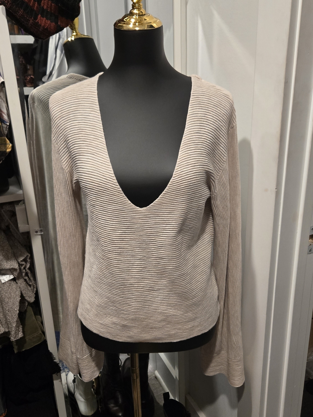 Free People Deep V Ribbed Knit Sweater in Light Beige